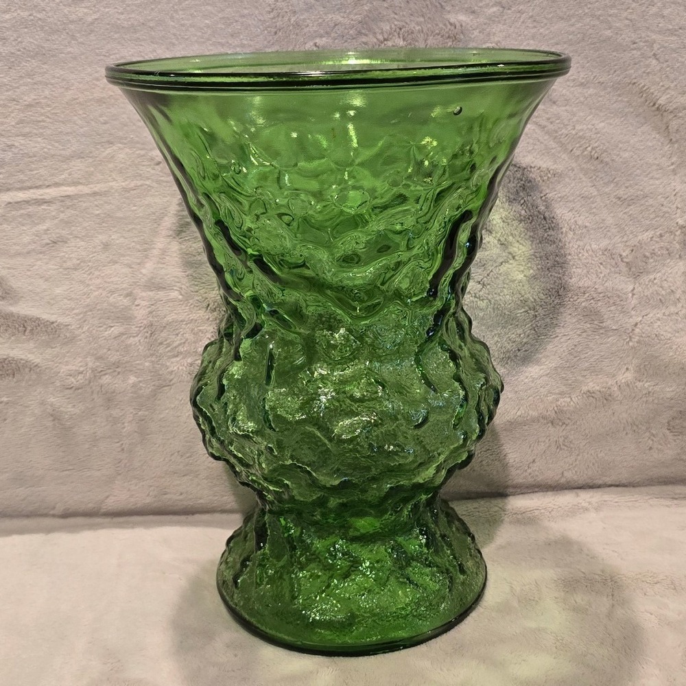 Vintage EO Brody Emerald Green Crinkle Textured Glass Vase MCM A119